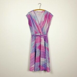 VINTAGE Lady Susan Page Abstract Watercolor Midi V-Neck Belted Dress 14